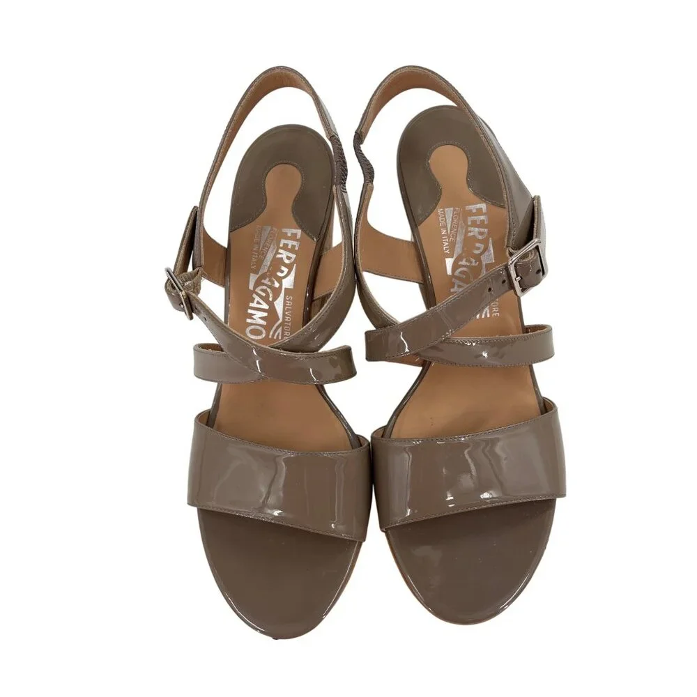 Salvatore Ferragamo Brown Patent Leather Cork‎ Wedge Sandals Adjustable 9.5